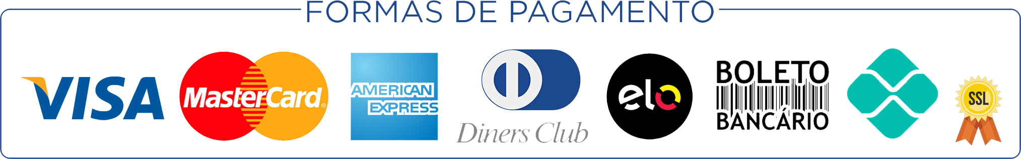 Formas de pagamento: Pix, Visa, Mastercard, Elo, American Express, Hipercard e boleto